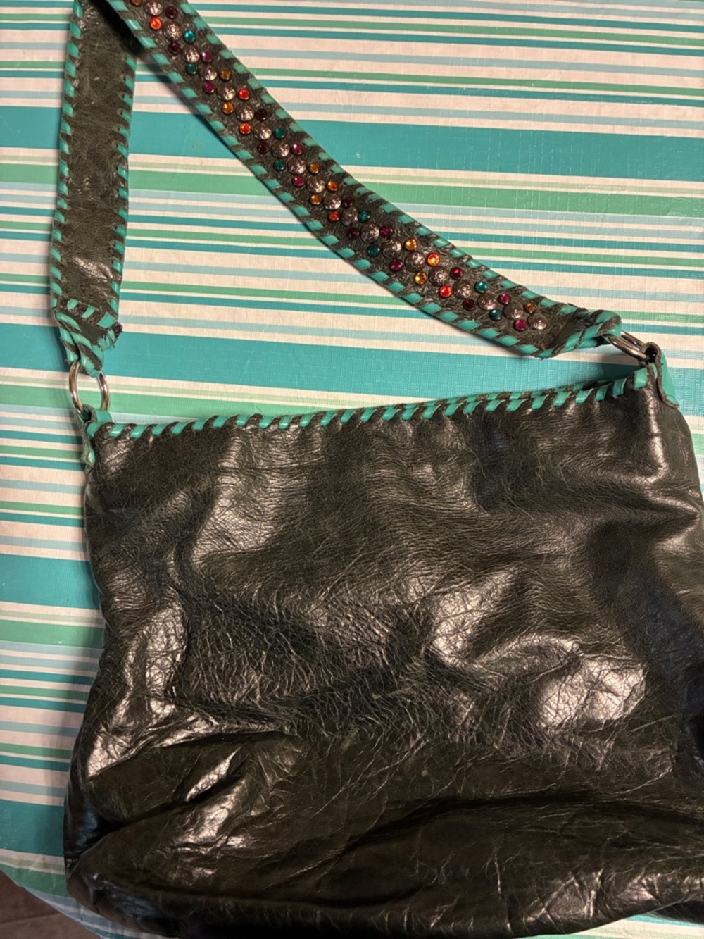 Black Shoulder Bag with Turquoise Trim and Multicolor Beaded Strap
